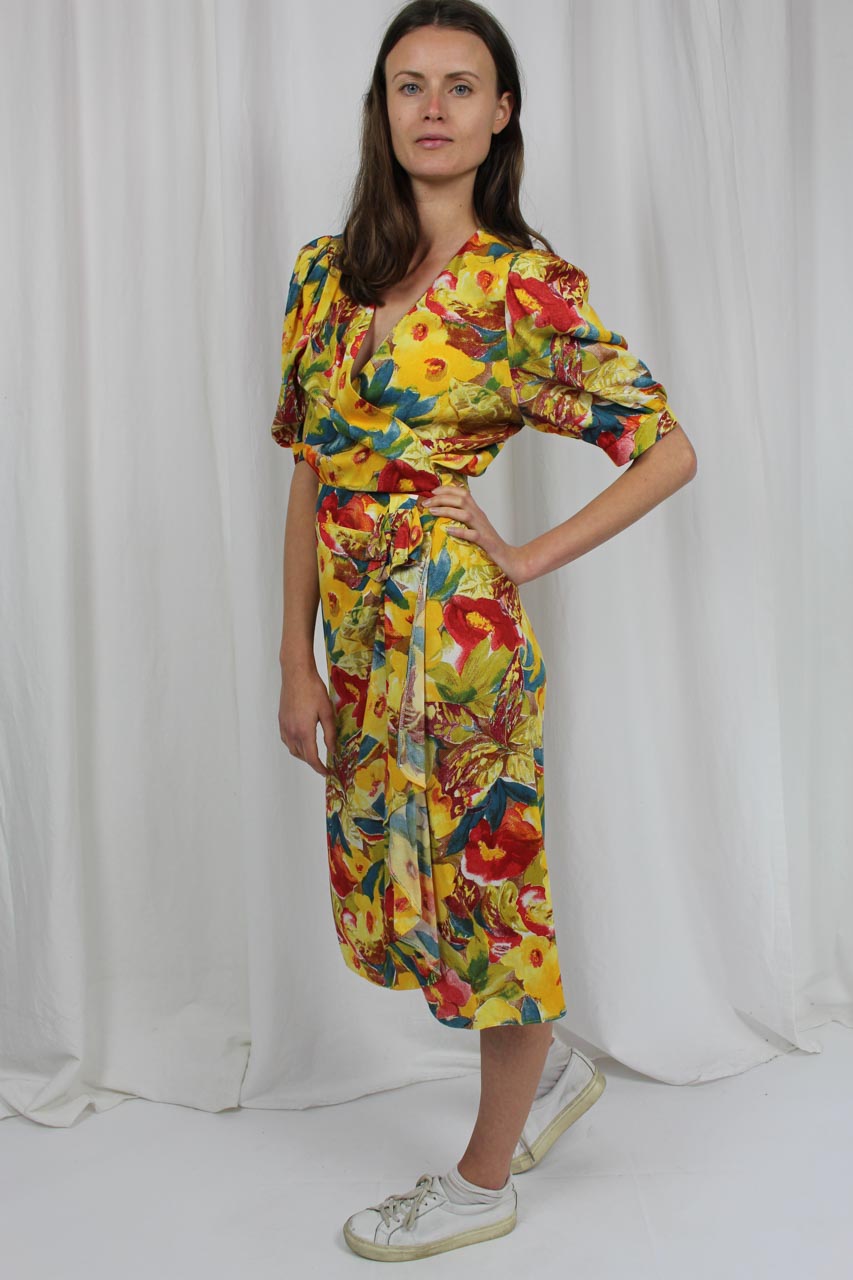 Vintage Kleid gelb mit Blumenmuster 90er Jahre "Eduarda ...