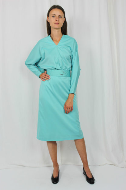 Langarmkleid türkis mit Gürtel