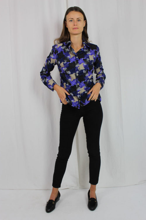Vintage Bluse, lila schwarz gemustert