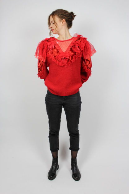 Pullover rot mit Spitzenbordüre